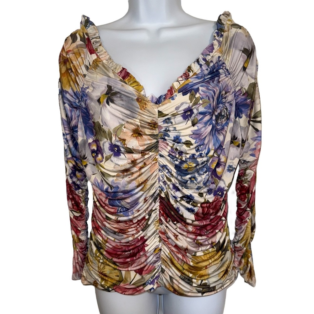 EXPRESS Floral L/S On/Off Shoulder‎ Ruched Body Contour Top NWT $64 Large - Picture 2 of 8